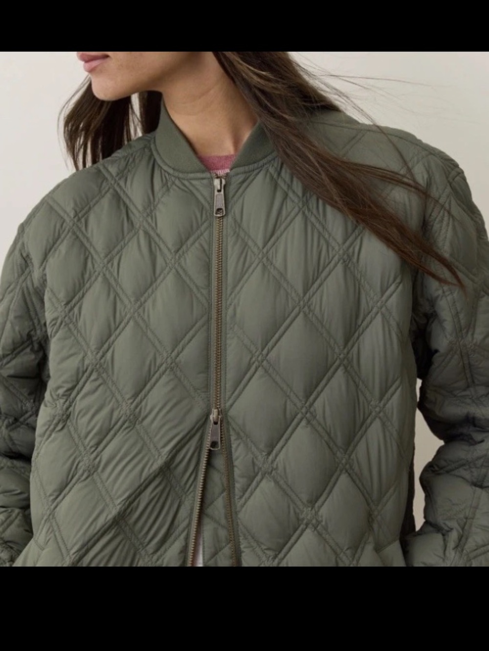 MARINE LAYER Marina Quilted  Down Oversized Bomber Olive Zip Jacket Pockets Sz M - Picture 3 of 15